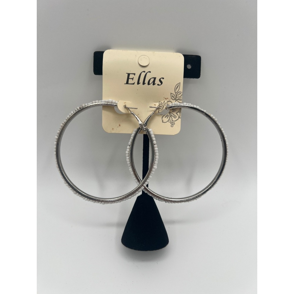 Ellas Silver Tone White Seed Bead Large Hoop Earrings Boho Statement Jewelry